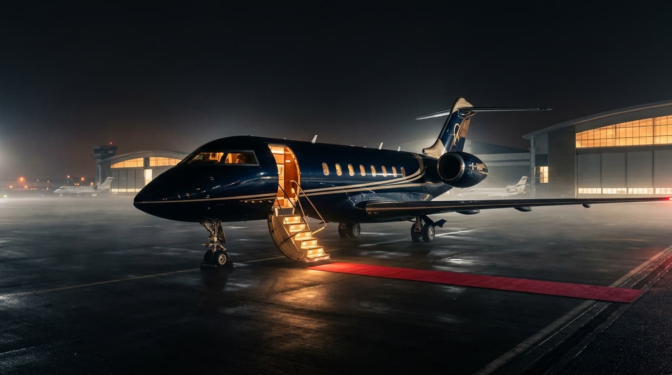 Private jet boarding airstairs with red carpet on executive ramp