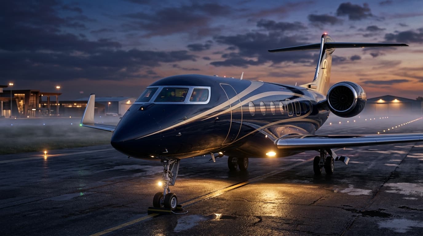 Private jet nose and cockpit on executive tarmac at dusk